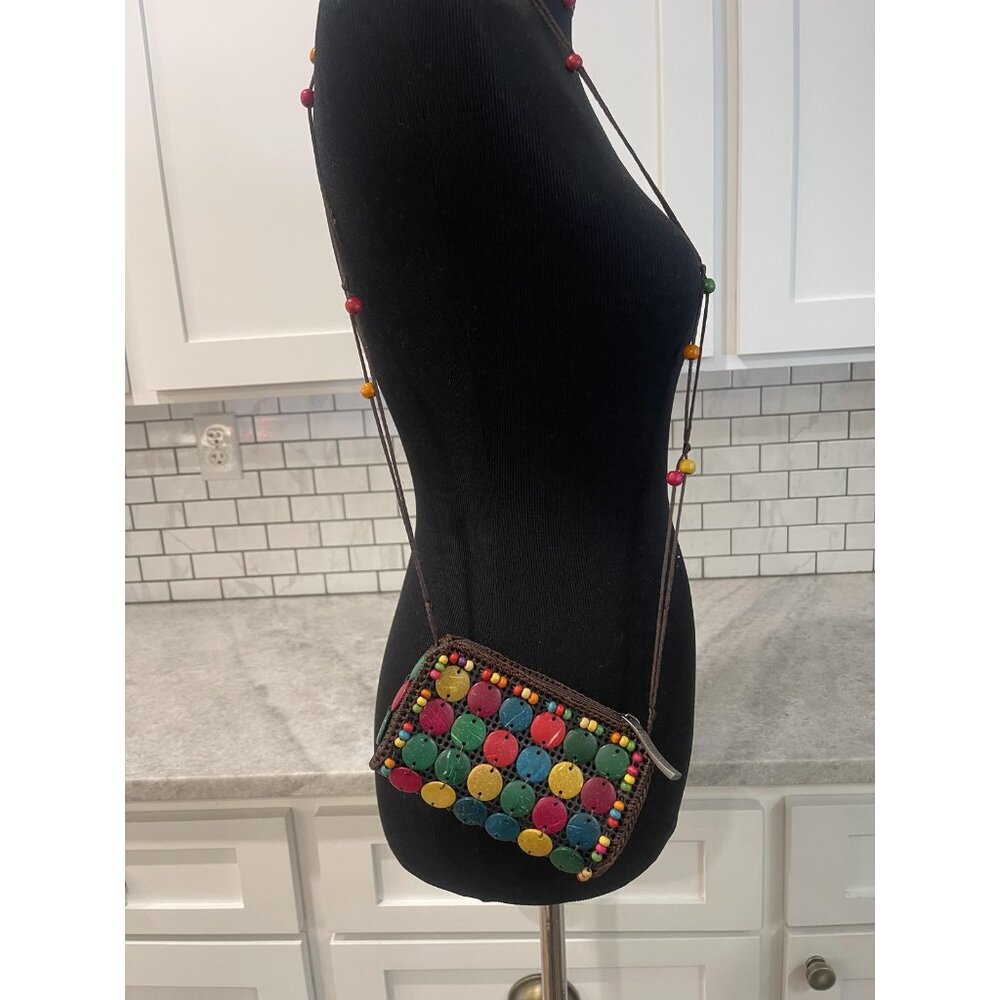 Beaded Crossbody Bag Womens Mini Multicolor Wood Disc Puerto Rico Boho Flower